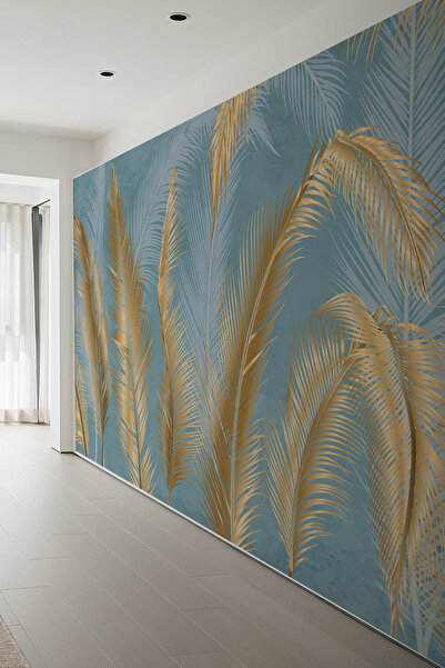 dreamwall Mavi – Altın Tropikal Yaprak Desenli Tekstil Duvar Kağıdı
