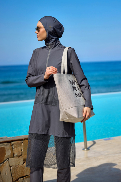 Marina Swimwear Smoked Full Covered Hijab Swimsuit - High Neck, with Stopper, Water Draining M2508-4