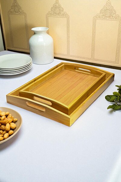 Kitchen Way 2-Piece Classic Bamboo Tray Set with Handles Kw-443