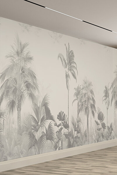 dreamwall Modern Gri Palmiye ve Tropikal Ağaç Desenli Tekstil Duvar Kağıdı