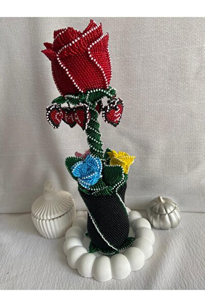 Handmade KUM BONCUK EL İŞİ BÜYÜK BOY GÜLLÜ VAZO