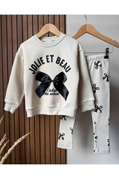 KidsSel New Season Girls' Printed Ribbon Figured Cotton Fabric Top and Bottom Set