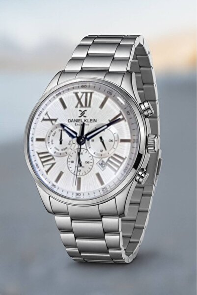 Daniel Klein Exclusive Men's Wristwatch – White Dial – Steel Band – Roman Numerals – Calendar