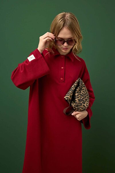 Ceylan Otantik Burgundy 3 Thread Neckline Dress