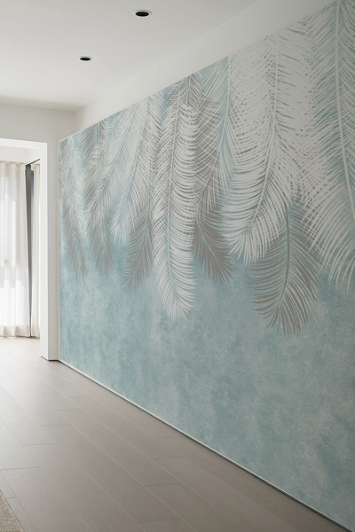 dreamwall Tropikal Yaprak Desenli Soft Mavi Gri Modern Duvar Kağıdı