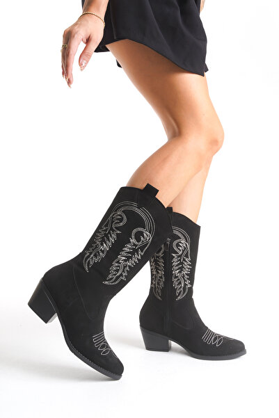 Limeo Handmade Pointed Toe Heeled Embroidered Pattern Detailed Leather Women's Zippered Cowboy Boots