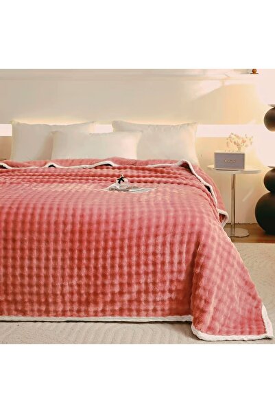 OEM Patura pufoasa pat dublu, din blanita artificiala de iepure, practica, te...