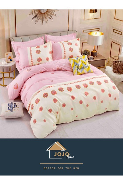 JOJO HOME Bed linen, 4 pieces, 1 person, 155x230cm, fine cotton, Cream / Pink with Flowers
