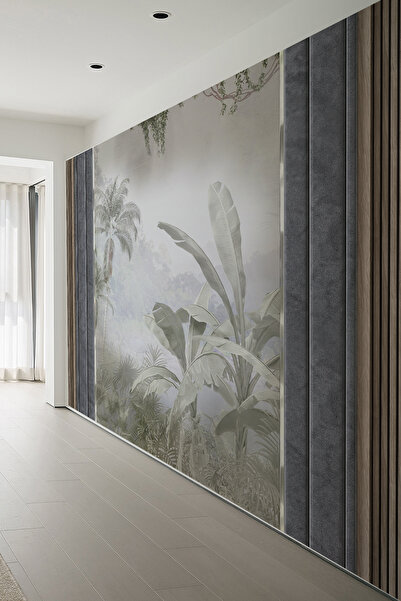 dreamwall Tropikal Orman Manzaralı Antrasit Panelli Tek Parça Tekstil Duvar Kağıdı