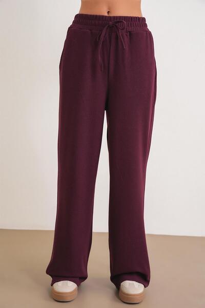 Mixray 4757 Women's Elastic Wide Leg Knitted Flowy Thessaloniki Pants Plum