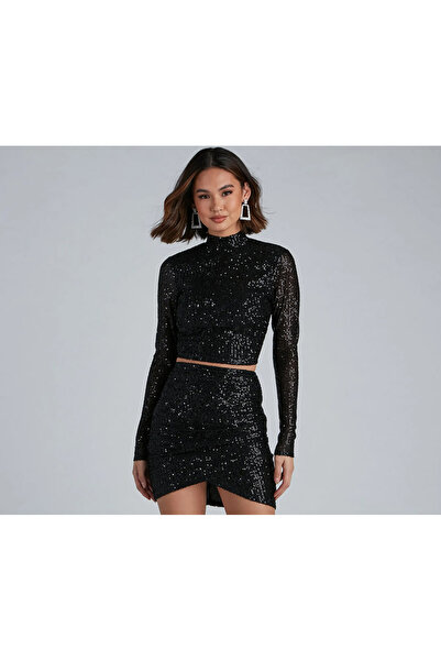 AFR CLOTHES ЖІНОЧИЙ ЧОРНИЙ ВЕЛОСИПЕДНИЙ КОМИР ПАЙЕТ КРОП ТОП