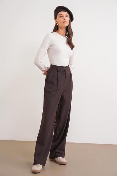 Mixray 4747 Women's Wide Leg Flowy Palazzo Pants with Pockets Brown