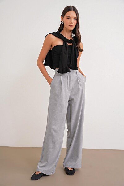Mixray 4747 Women's Wide Leg Flowy Palazzo Pants with Pockets Gray