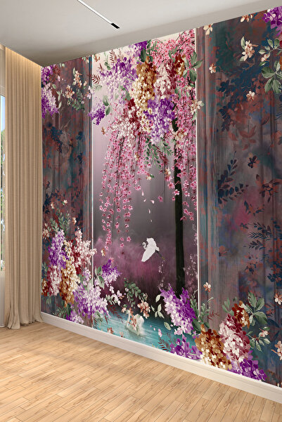 dreamwall Mor Pembe Sarkan Çiçekler ve Kuş Figürlü Tekstil Duvar Kağıdı