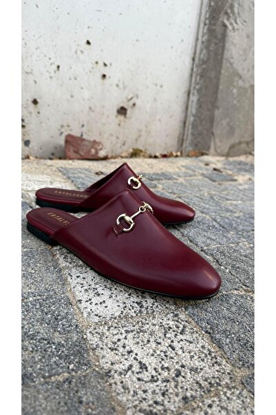 Eataly Shoes Burgundy Leather Buckle Flat Model Slippers