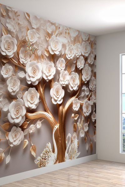 dreamwall 3D Çiçek Ağacı ve Kuğu Desenli Tekstil Duvar Kağıdı