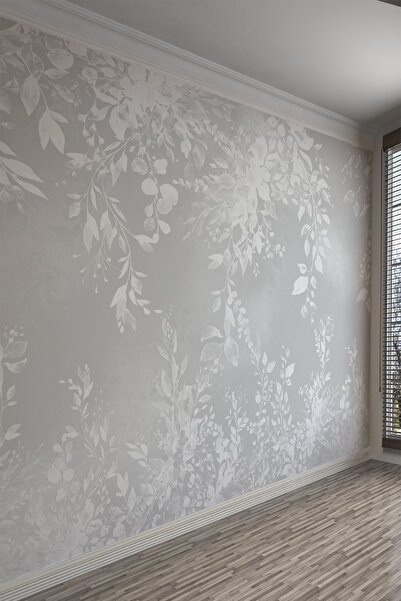 dreamwall Gri Beyaz Sarmaşık Yaprak Desenli Tekstil Duvar Kağıdı