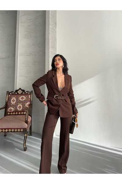 MYGİYİMİSTANBUL Belt Detail Blazer Jacket Wide Leg Pants Set