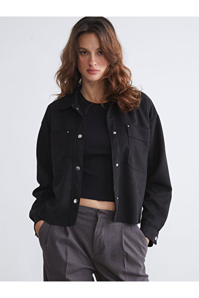 LC Waikiki سترة قميص نسائية سوداء من LCW ECO بمظهر جلد الغزال W5CN08Z8