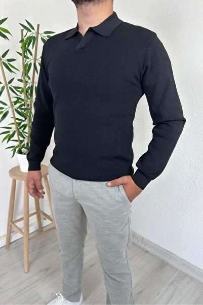 EXPLODE - Erkek Siyah Polo Yaka Regular Triko Kazak