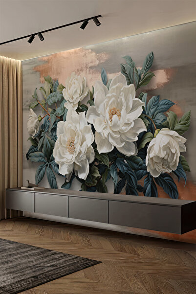 dreamwall 3D Beyaz Çiçek Desenli Gri ve Bakır Metalik Arka Planlı Tekstil Duvar Kağıdı