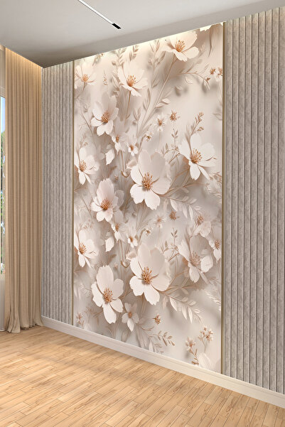 dreamwall Beyaz Çiçek ve Panel Desenli Modern Tekstil Duvar Kağıdı
