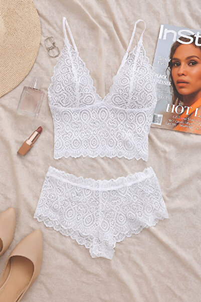 içgiyimist Beyaz Fantezi Seksi Transparan Dantel Bralet Sütyen Takımı IM-12156
