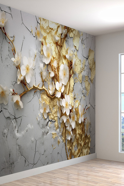 dreamwall 3D Altın Dallı ve Beyaz Çiçekli Çatlak Taş Efektli Tekstil Duvar Ka...