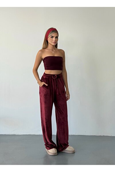 BEJNA Women's Velvet Elastic Waist Palazzo Pants