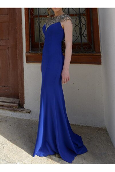 Sima Butik Women's Stone-Embellished Saks Blue Evening Dress