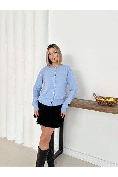 LE CARAMBOLE Жіночий синій светр з ґудзиками спереду, коміром-стійкою та бахромою