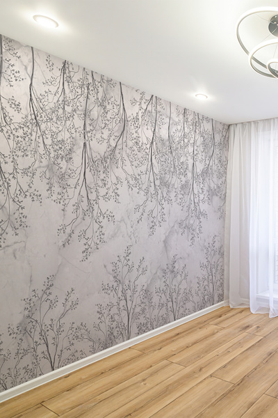 dreamwall Gri Mermer Desenli İnce Dal ve Yaprak Motifli Tekstil Duvar Kağıdı