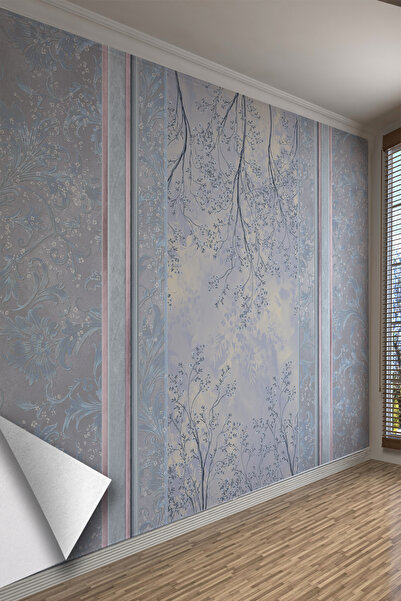dreamwall Lila Mavi Çiçek Dalları ve Klasik Panel Desenli Tekstil Duvar Kağıdı