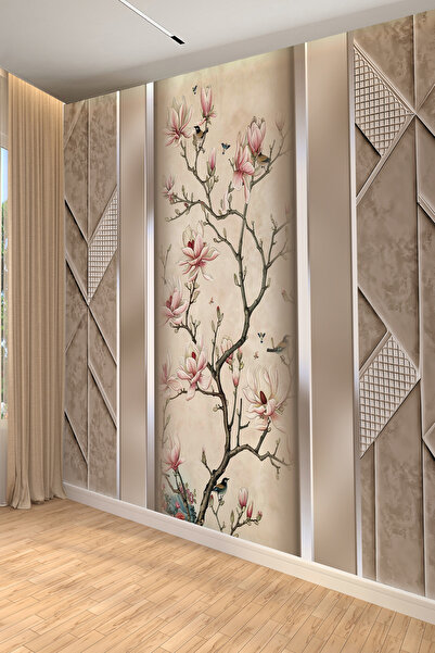 dreamwall Manolya Çiçekli Kuş Desenli Geometrik Panelli Tekstil Duvar Kağıdı
