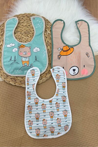 BEBENAZ alezli sıvı geçirmez leke tutmaz çıtçıtlı ayıcık desen 3'lü bebek mam...