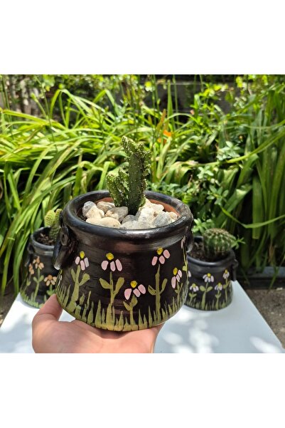 Comlekevi toprak saksı Kazan görünümlü desenli toprak saksı