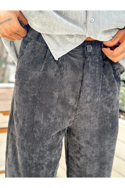 manch collection Pileli Baggy Kadife Pantolon Siyah