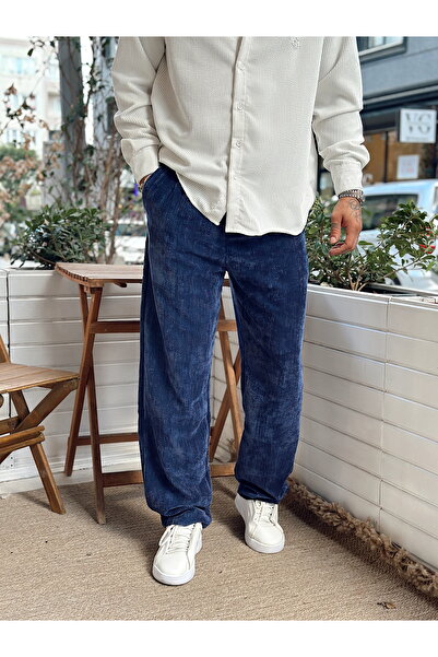 manch collection Pileli Baggy Kadife Pantolon Lacivert