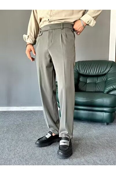 TÜZeMEN Pleated Fabric Pants with Side Button Closure