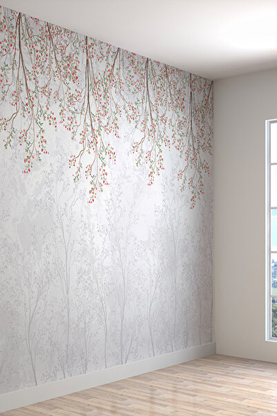 dreamwall Gri Mermer Üzeri Pembe Çiçekli İnce Dal Motifli Tekstil Duvar Kağıdı