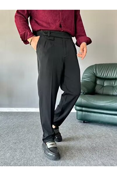 TÜZeMEN Pleated Fabric Pants with Side Button Closure