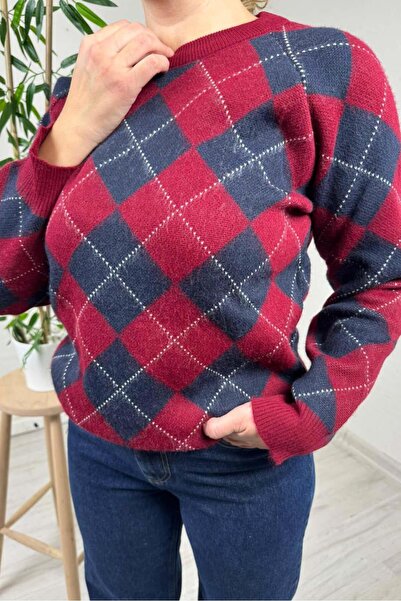 EXPLODE - Kadın Bordo-Lacivert Baklava Desenli Bisiklet Yaka Oversize Triko Kazak