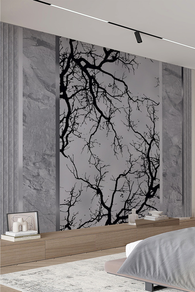 dreamwall Siyah Ağaç Silüetli Gri Taş Panelli Tekstil Duvar Kağıdı