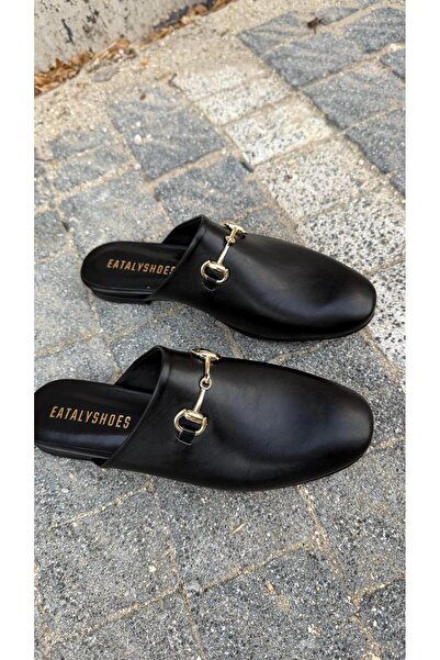 Eataly Shoes Papuci model plat cu cataramă din piele neagră