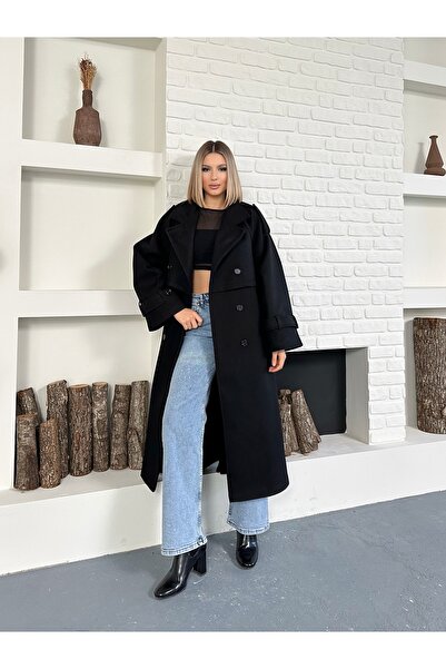 Cistern İstanbul Γυναικείο μακρύ παλτό από κασμίρ Premium με μαύρα μανίκια και επιλέκτρια στον ώμο