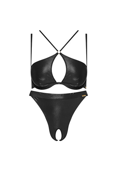 ESOTIQ Women's Sexy Lingerie Set Crotchless Sensual Wet Look Brazilian Briefs & Bra | Wadset