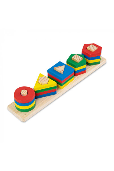 Nurio Jucărie din lemn - Potrivire și stivuire a 5 forme geometrice colorate -