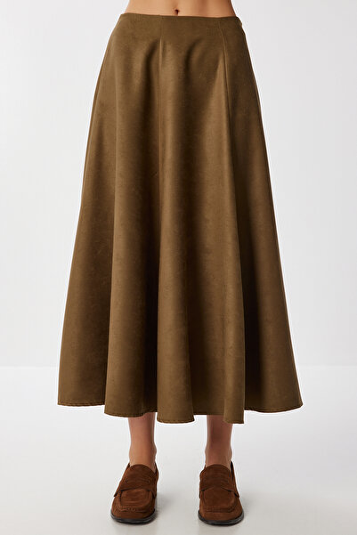 Lovelyİstanbul Fusta midi evazată din piele intoarsa LNS0087 VERDE OLIVE