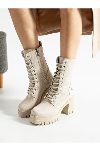 ALEMDAR AYAKKABI JADEN Krem Süet Fermuarlı Topuklu Kadın Bot