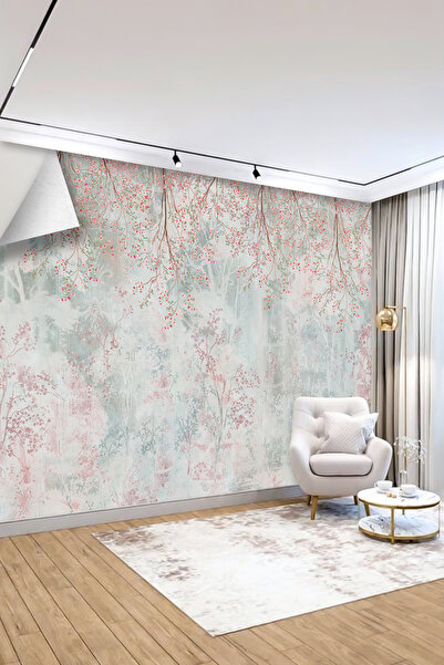 dreamwall Pastel Fon Üzeri Pembe Çiçekli İnce Dal Desenli Tekstil Duvar Kağıdı